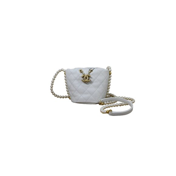 Chanel Mini Drawstring Bag Calfskin Pearl with Gold Metal White - Picture 1 of 3